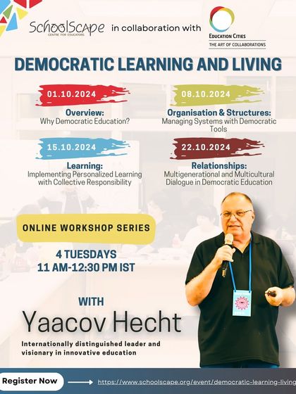The poster for our online workshop series with Yaacov Hecht, inviting people to explore democratic learning and foster dialogue across generations.