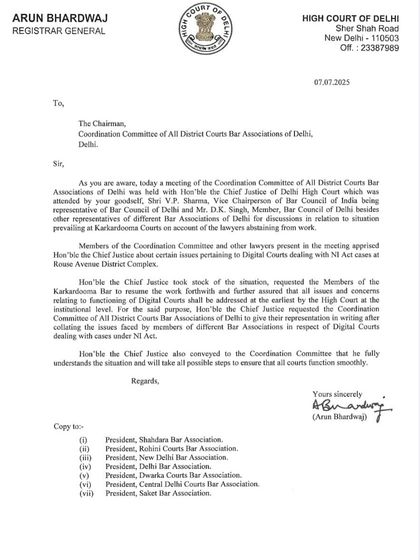 An official letter from the High Court of Delhi regarding issues faced by lawyers in digital courts for NI Act cases. Such dialogues are essential for a smooth functioning judiciary.