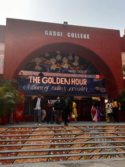 The entrance to Gargi College during their fest, 'The Golden Hour'. We are honored to be a part of such vibrant campus celebrations.