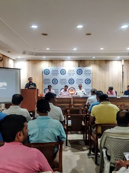 I regularly engage with industrial associations to share knowledge. Here, my team is presenting to the Gurgaon Industrial Association, discussing the role of Energy Service Companies (ESCOs) in cutting costs and emissions for local businesses.