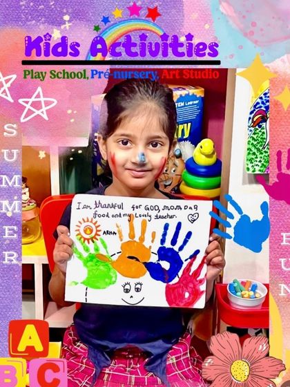 This photo captures a moment of gratitude and creativity during our summer fun sessions. The student created a beautiful handprint painting, expressing thanks for her family and teacher. It’s a wonderful example of how art can be a tool for emotional expression.