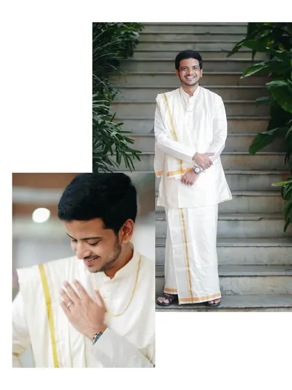 A collage showing the groom's portraits. From a full-length shot on the stairs to a close-up of his gentle smile, it captures his grace and happiness.