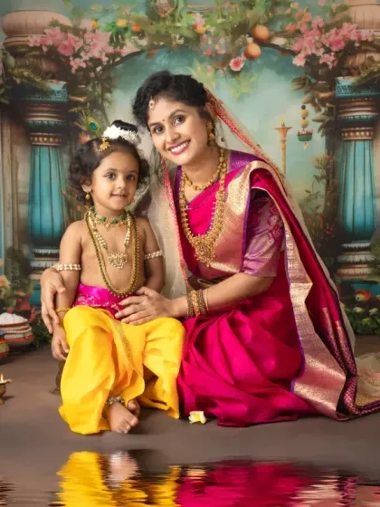 A fine art portrait reflecting the divine bond. The water reflection effect adds a layer of magic and artistry to this traditional Yashoda Krishna photoshoot.