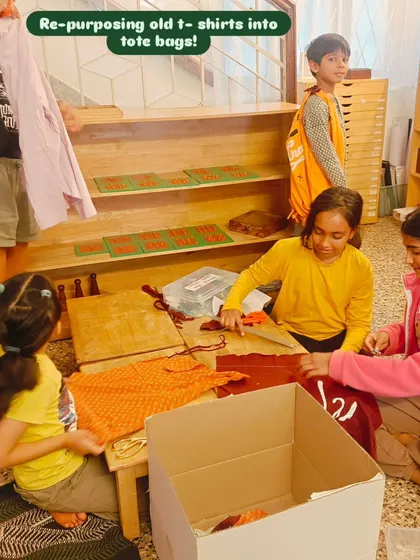 Children work together to repurpose old t-shirts into tote bags for a fundraiser. This project teaches practical sewing skills, resourcefulness, and the value of working for a cause beyond themselves.