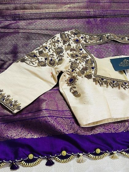 This collection showcases a variety of my custom blouse designs, from pastel engagement pieces to rich Kanjivaram pairings. Each one is uniquely crafted with different handwork techniques, fabrics, and cuts to match my client's vision.