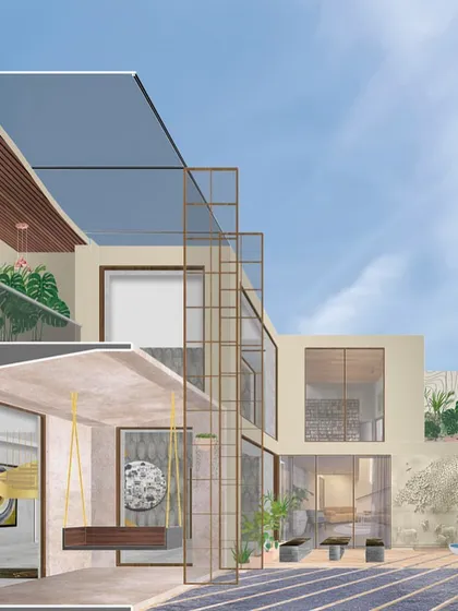A sectional drawing of a penthouse project in Gurugram. The design focuses on creating double-height volumes and seamless connections to outdoor terraces, maximizing light, air, and green spaces even high above the city.
