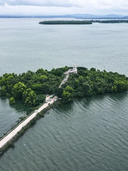 An aerial view of a small island with a temple, accessible by a narrow road, in the backwaters near Sakleshpur.