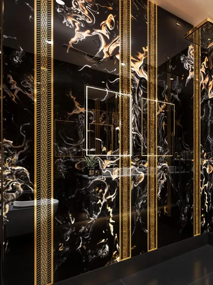 This angle shows the use of mirrors and Greek key patterned borders to add layers of detail and reflection to the opulent space.