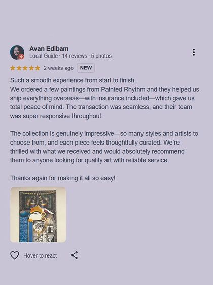 A review from a client who valued our smooth process for shipping multiple paintings overseas with included insurance for total peace of mind.