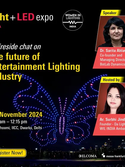 We are honored to host a fireside chat on "The Future of Entertainment Lighting Industry." This graphic highlights our guest speaker and host, promising a dialogue on how technology like LED drones is revolutionizing the field.