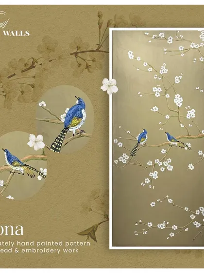 The 'Fiona' panel is inspired by the season of autumn. This design is meticulously hand-painted and adorned with beadwork and embroidery to capture the elegance of birds on a branch, merging nature with art.