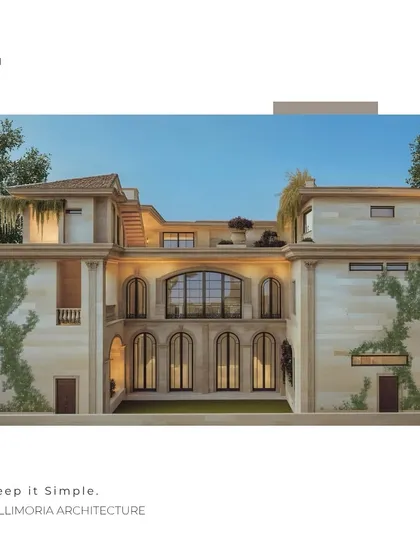 The facade of our Bangalore residence project showcases our architectural approach, blending classical proportions with modern minimalism. We used natural stone cladding, large arched windows, and integrated greenery to create a timeless and welcoming first impression.