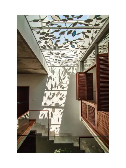 A close-up of the custom skylight in the Cube Square house. This feature is both a source of light and a piece of art, integral to the home's architectural identity.