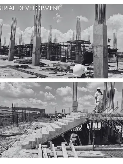Construction photos from an industrial development project in Kolkata. These black and white images capture the raw, powerful aesthetic of the structure in its early stages, highlighting the scale of our work in the industrial sector.