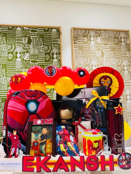 Not all heroes wear capes! The ultimate Iron Man-themed birthday hamper for a little superhero, personalized with his name, Ekansh.