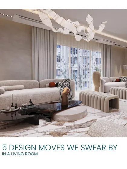A title card for "5 Design Moves We Swear By," featuring a beautifully composed living room with curved furniture and a sculptural coffee table.