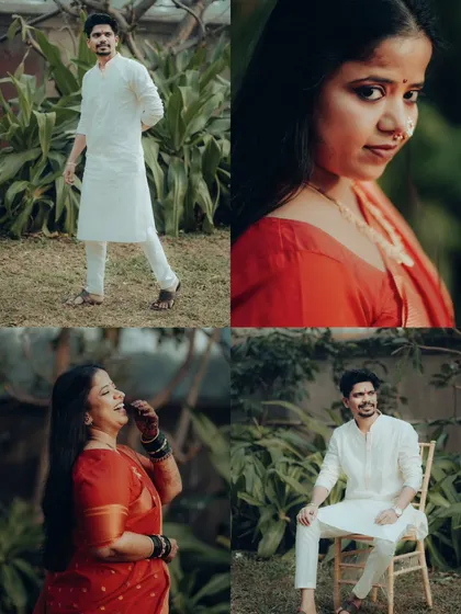 A collage of individual portraits of the bride and groom. It showcases Neelam's joyful laugh and Abhishek's classic style in their traditional wedding attire.