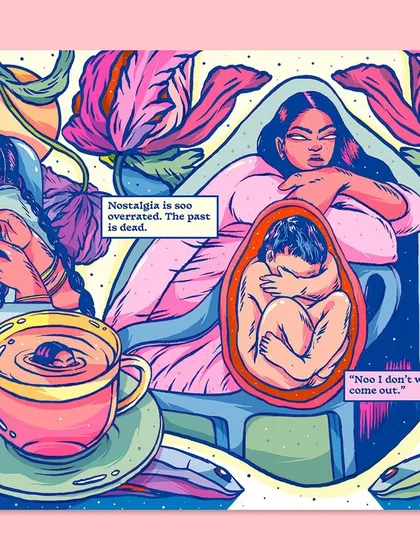 This page from my zine delves into the comforting and sometimes regressive nature of nostalgia. The imagery of a figure in a womb-like state juxtaposed with a cup of tea explores the feeling of wanting to retreat to a safer, simpler past.