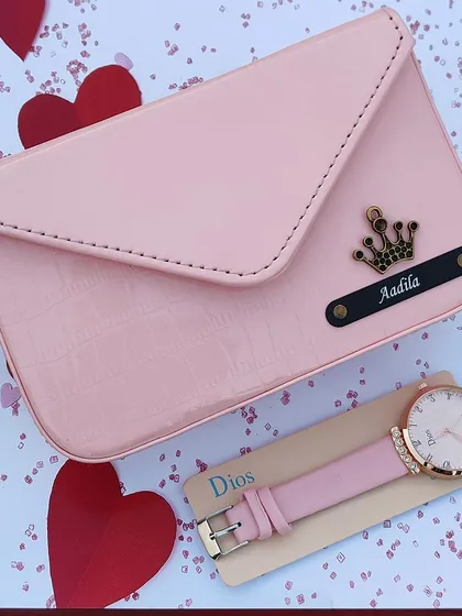 The sling bag and watch combo in a soft baby pink. A perfect gift for birthdays, anniversaries, or Rakhi, personalized with her name and a crown charm.