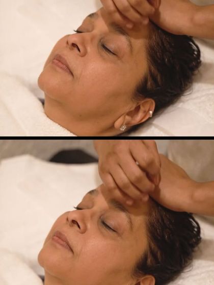 A close-up of a therapeutic facial massage in progress. My hands work to release tension in the facial muscles, promoting relaxation and boosting blood flow. This manual technique is essential for achieving a lifted, refreshed appearance.