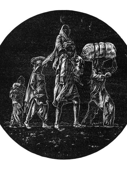 'Holy Shiver (1947)' by Riyas Komu. This powerful woodcut print depicts figures from the time of Partition, capturing a moment of displacement and resilience. It is a stark and moving piece of historical commentary.