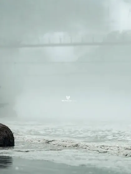 A dramatic pose on the riverbank, with the couple looking out at the misty landscape. This shot has a very atmospheric and cinematic feel.