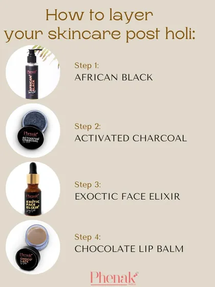 After events like Holi, your skin needs extra care to recover. I recommend this specific layering technique: start with the African Black facewash, use the Activated Charcoal mask to detoxify, apply the Exotic Face Elixir to hydrate, and finish with Chocolate Lip Balm to soothe your lips.