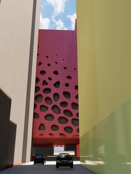 A conceptual study for a high-rise facade featuring a bold red, perforated screen. This design exploration focuses on creating visual interest and texture through organic, non-uniform openings in the building's skin.