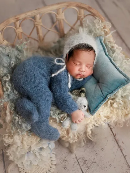 A symphony of blues from a different angle. This overhead shot shows the beautiful textures and colors of the setup, with the baby sleeping soundly.