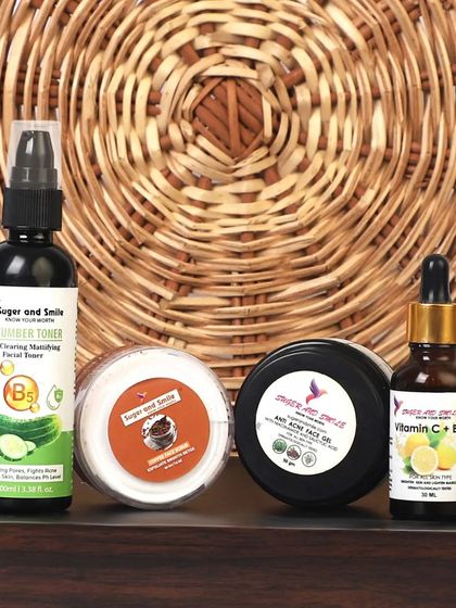 A creative shot of a skincare set against a woven basket background, giving it a natural and organic feel. This kind of styling helps in brand storytelling.