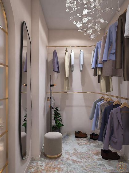 A minimalist walk-in closet with a full-length mirror and open hanging rails. The design is simple, elegant, and perfect for showcasing a curated wardrobe.