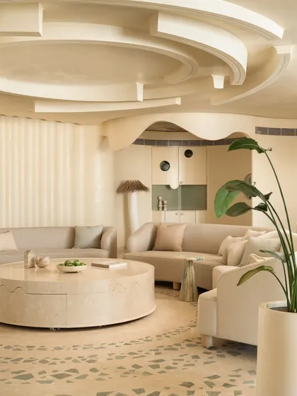 The living space in our 'Soft Serve' project is imagined as a series of intersecting circles. Curvilinear sofas and a sculptural ceiling design create a hypnotic visual of ripples and waves, all in a calming, ecru-toned palette.