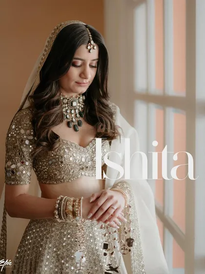 A classic bridal portrait of Ishita, beautifully styled for her Jodhpur wedding. The focus on her intricate jewelry and the soft, elegant typography makes this feel like a magazine cover.