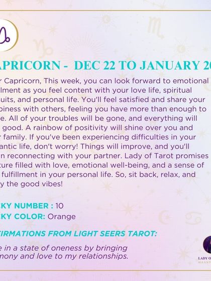 A weekly tarot prediction for Capricorn about emotional fulfillment and personal contentment. This reading promises a future filled with love, well-being, and good vibes.