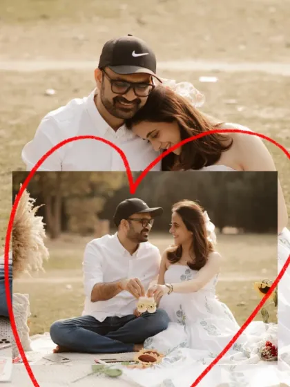 A playful and sweet moment from an outdoor picnic session. The couple is all smiles as they pose with tiny baby shoes, adding a cute touch to their maternity photos.