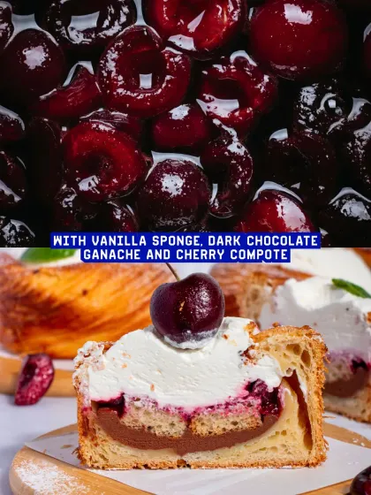 A close-up of the Cherry Trifle's filling, showing the vanilla sponge, dark chocolate ganache, and cherry compote.