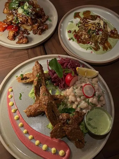 A look at some of the custom-plated dishes I offer for private dinners. This trio includes modern Indian appetizers like soya chaap and dahi bhalla chaat, each presented with artistic sauces and garnishes.