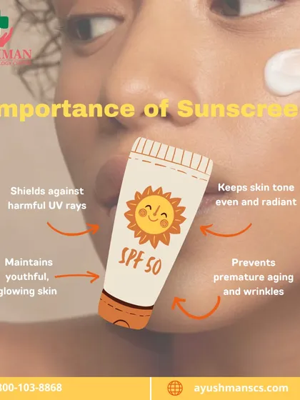 This graphic explains the importance of sunscreen. It shields against harmful UV rays, maintains youthful skin, keeps skin tone even, and prevents premature aging.