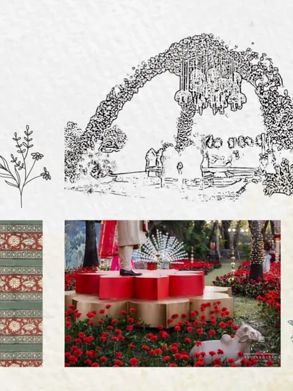 A sketch of the 'Regal Rustic Reverie' mandap, showing how we translated the mood board into a concrete design, complete with the floral arch and hanging chandelier.