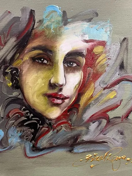A small, expressive 10x10 inch oil on canvas portrait. In these smaller works, I focus on capturing a single, powerful emotion through quick, abstract brushstrokes and a focused gaze.
