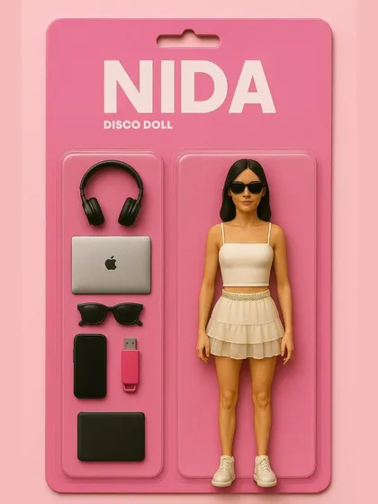 I had this "Disco Doll" artwork commissioned, and it perfectly captures my essence. It shows me with all my DJ essentials: headphones, laptop, and a cool outfit.