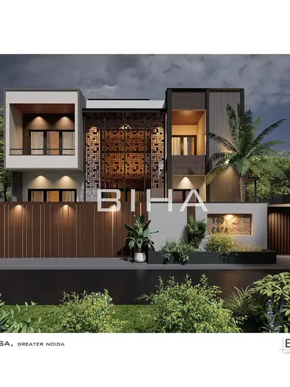 An alternative design concept for the 140 Casa residence. This version explores a different pattern for the decorative screen, demonstrating our ability to customize key architectural features to suit client preferences.