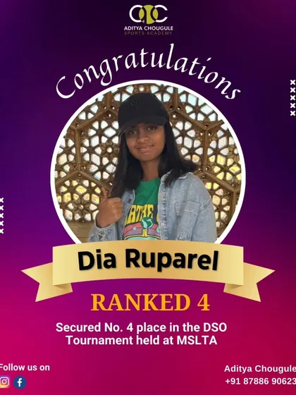 We celebrate Dia Ruparel for securing the No. 4 rank in the DSO Tournament. Our academy is proud to have three players in the top four.