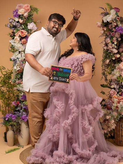 "Pink or Blue? 2 Babies are Due!" A joyful and exciting announcement for a twin pregnancy, filled with fun and anticipation.