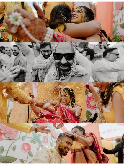 A collage of candid moments from a Haldi ceremony in Udaipur. From emotional hugs to friends playfully applying turmeric, these shots tell the story of a day filled with love and laughter.