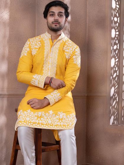 The zesty yellow kurta, a vibrant and stylish choice for any festive occasion.