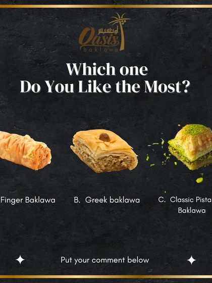 Which one do you like the most? A fun post asking our followers to choose between Finger Baklava, Greek Baklava, and Classic Pistachio Baklava.