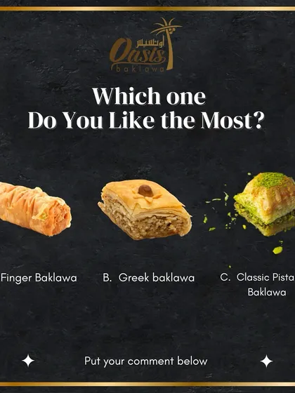 Which one do you like the most? A fun post asking our followers to choose between Finger Baklava, Greek Baklava, and Classic Pistachio Baklava.
