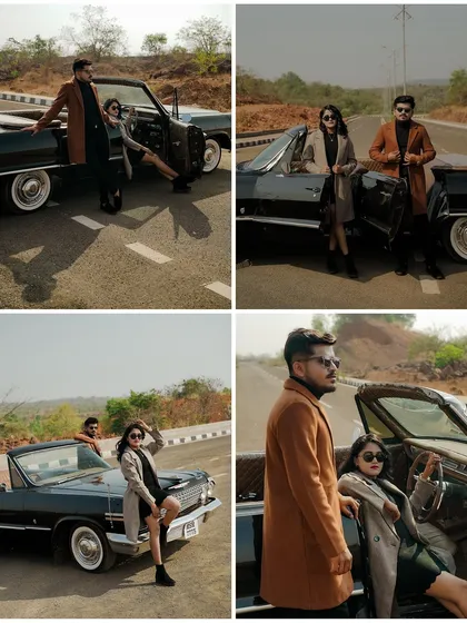 A four-panel collage showing various dynamic poses with the vintage car. This highlights the variety of shots we can achieve, from playful and candid to posed and editorial.