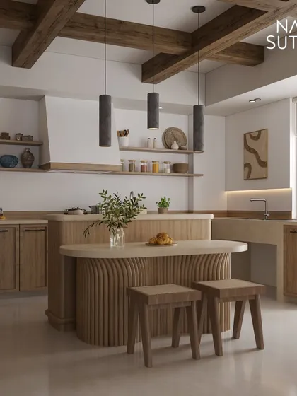 This kitchen is the heart of the home, blending modern farmhouse warmth with organic modern elegance. We used rustic wood tones for the cabinetry and ceiling beams, contrasted with a sculptural, fluted island. It’s a functional, inviting space designed for making memories as much as for making meals.